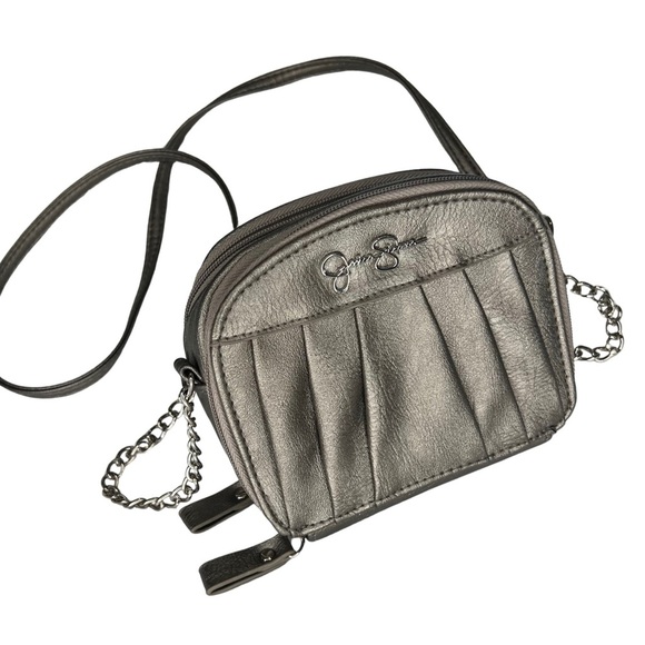 Jessica Simpson Mini Crossbody Shoulder Bag Purse Faux Leather Metallic Pewter - Picture 1 of 17